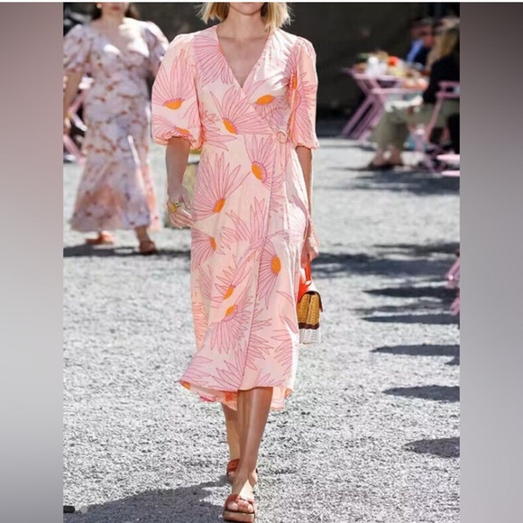 KATE SPADE Floral Pink Falling Flowers Size 6 Cotton Wrap Bohemian Dress NEW - Picture 2 of 8